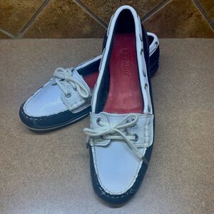 Sebago Women's Boat Shoes SZ 6.5 Navy Blue & White Slip On Loafers Flat Nautical